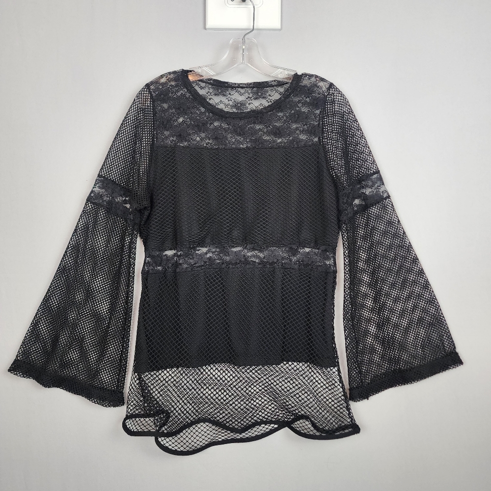 Just One Black Fishnet and Lace Shirt with Bell Sleeves, Whimsigoth, Sz 1X 16
